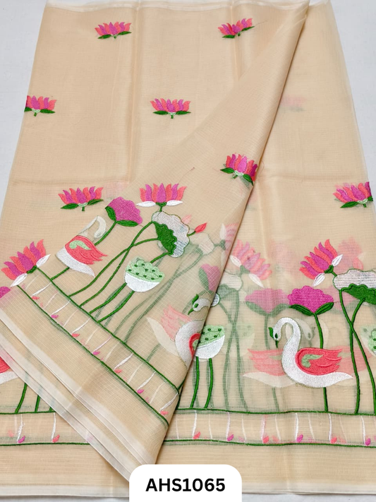 Kota Cotton Lotus & Swan Embroidery  Work Saree with Blouse