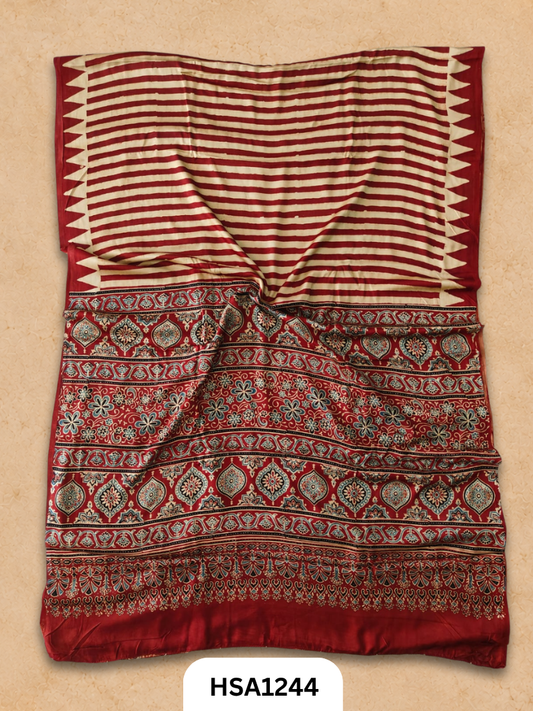 Natural Dye Vegetable Hand Block Print Ajrakh Print Pure Modal Silk Saree