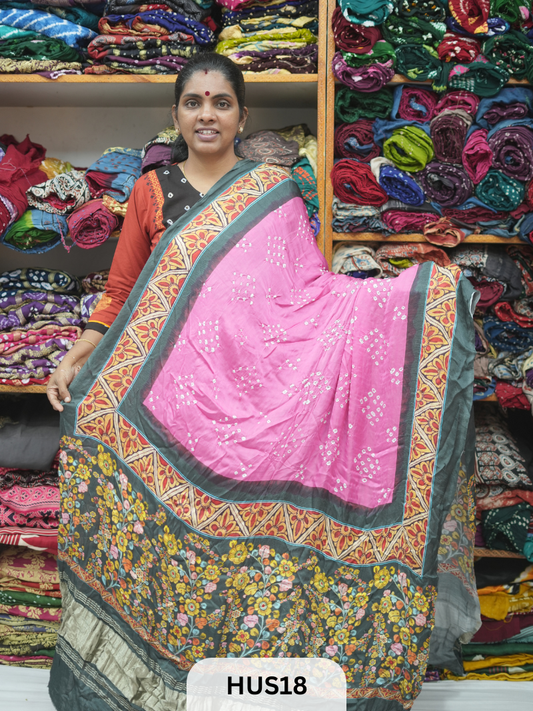 BANDHANI WITH KALAMKARI DIGITAL PRINT BORDER LAGDI PATTA