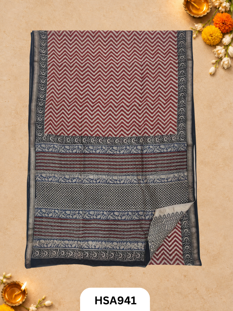 Pure Maheswari Silk Cotton - Handblock Print Saree With Blouse