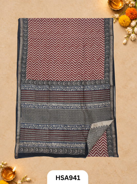 Pure Maheswari Silk Cotton - Handblock Print Saree With Blouse