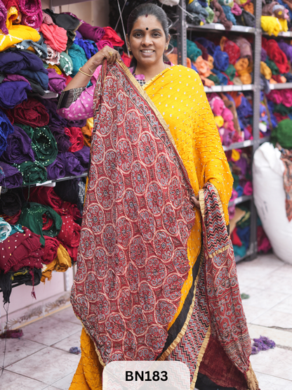 AJRAKH BANDHEJ WITH SKIRT BORDER SAREES | MODAL GAJI FABRIC