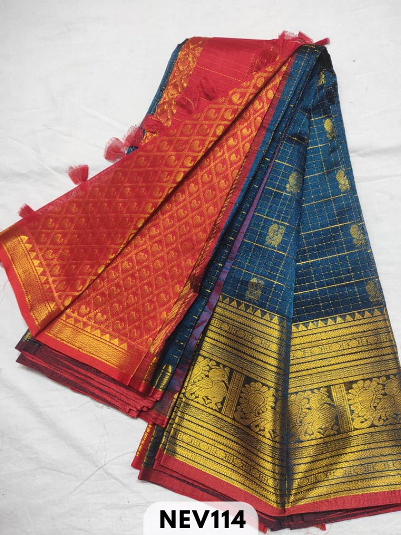 Handloom Silkcotton Long border zari checked butta with rich pallu saree