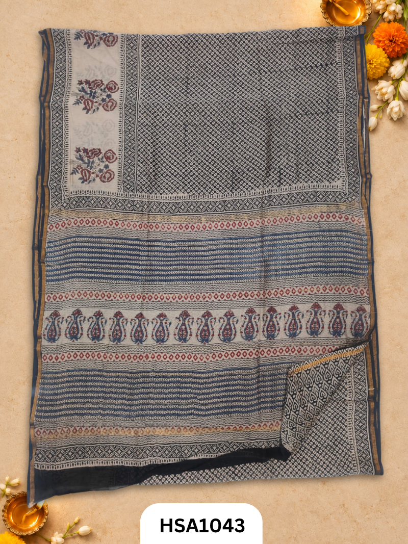 Pure Hand Block Printed Chanderi Silk Saree With Printed Blouse