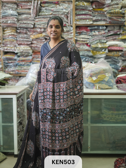 MODAL NATURAL AJRAKH HANDBLOCK SAREE WITH GLUE MIRROR