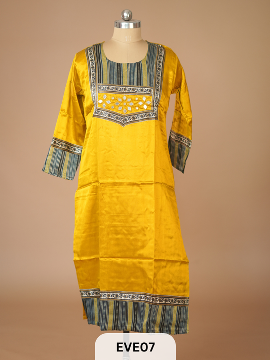 MASHRU KURTI WITH MIRROR WORK AND AJRAKH PRINT
