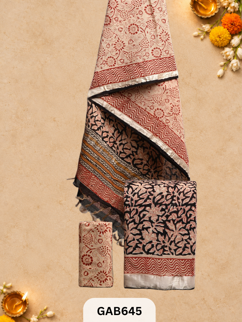 Bagru Hand Block Printed Linen Suits With Zari Border