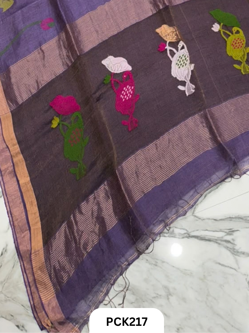 Pure Handloom Linen Silk Saree with Jamdani Weave