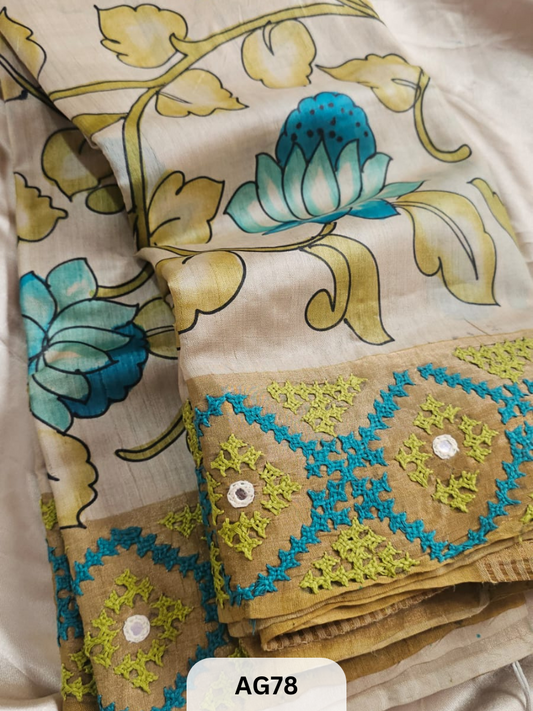 PURE TUSSAR WITH PENKALAMKARI | KUTCHI GUJARATI HAND EMBROIDERY
