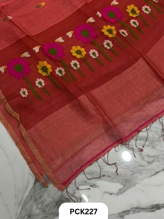 Pure Handloom Linen Silk Saree with Jamdani Weave