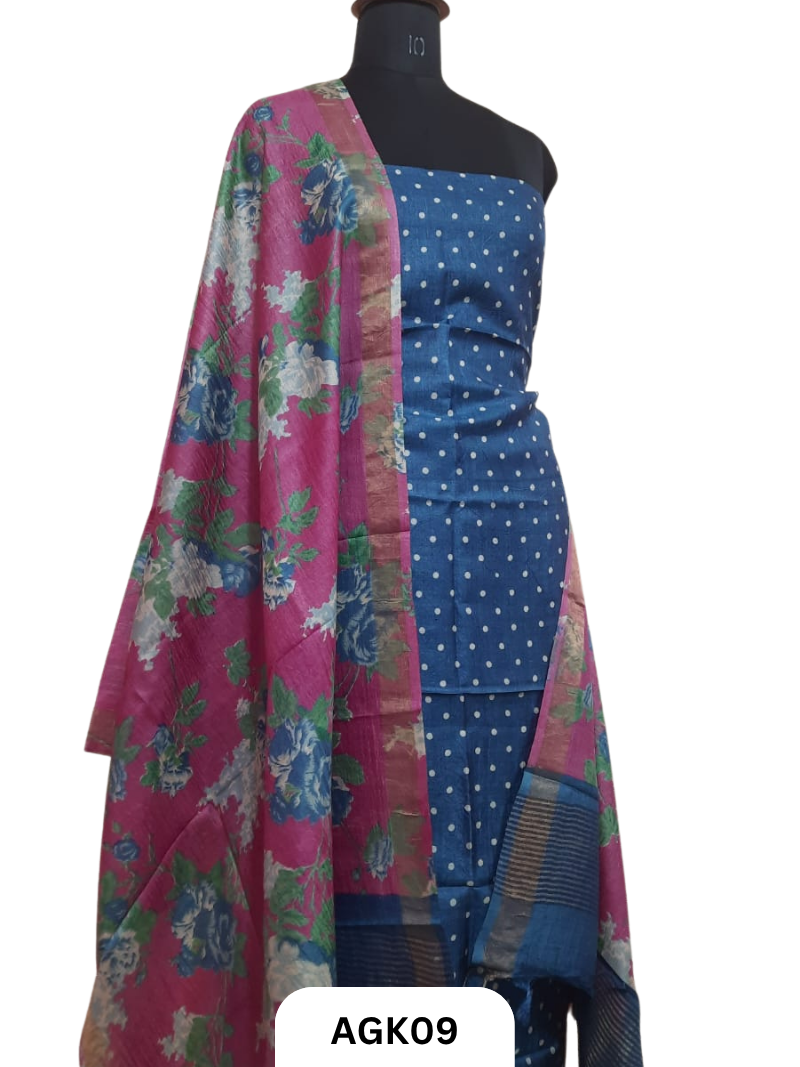 Silk Mark Certified Tussar Salwar Set with Hand Block Print