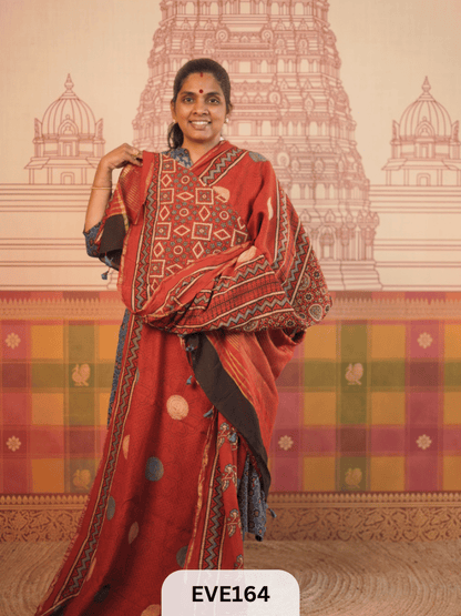 PURE CHANDERI SILK AJRAKH HANDBLOCK SAREE