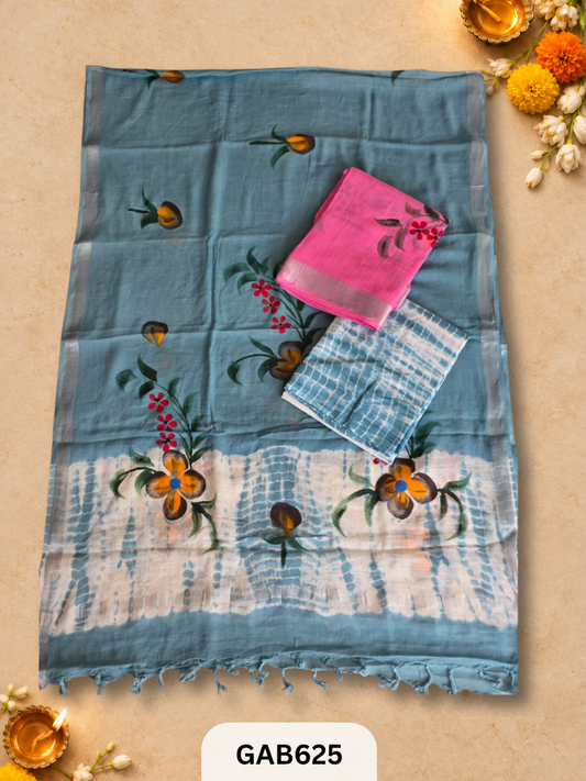 Bagru Hand Block Printed Linen Suits With Zari Border