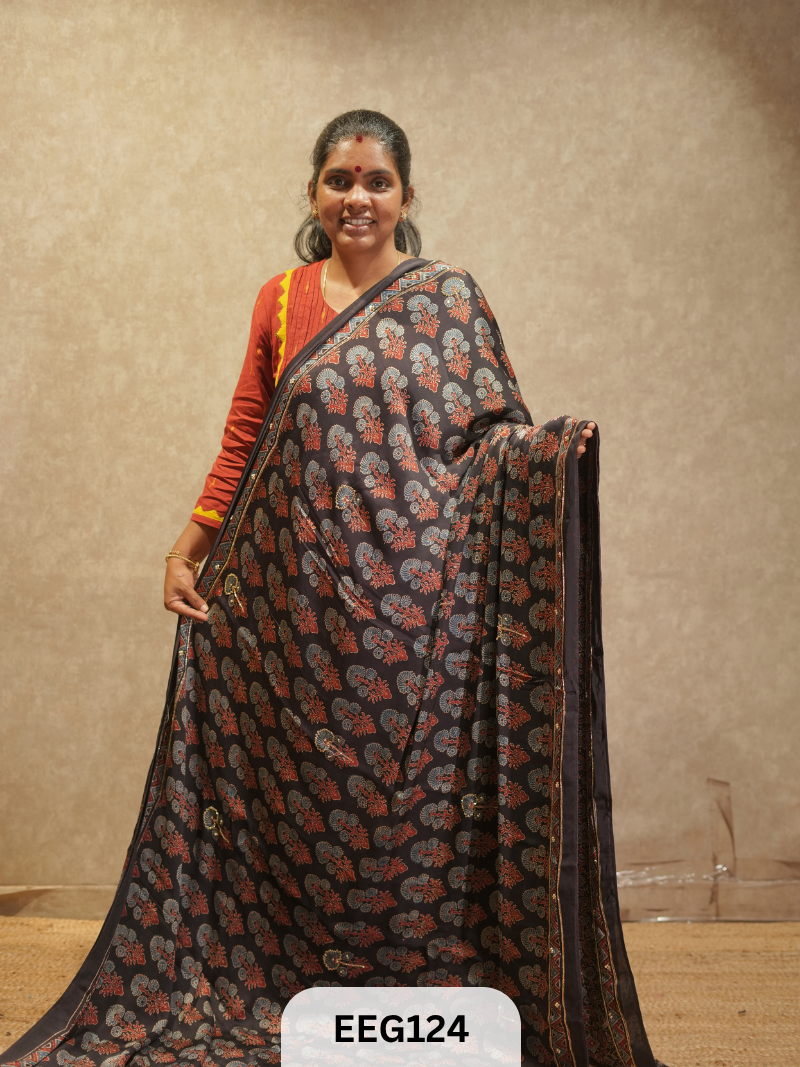 AJRAKH MODAL SAREE WITH KHATLI HANDWORK