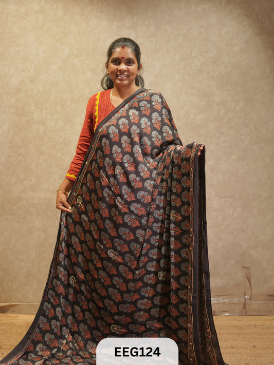 AJRAKH MODAL SAREE WITH KHATLI HANDWORK