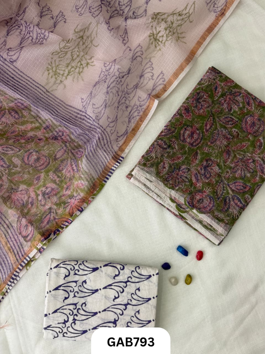 HandBlock Printed Kota Doriya Suit With Kota Doriya Duppta Cotton bottom | 2.5 mtr