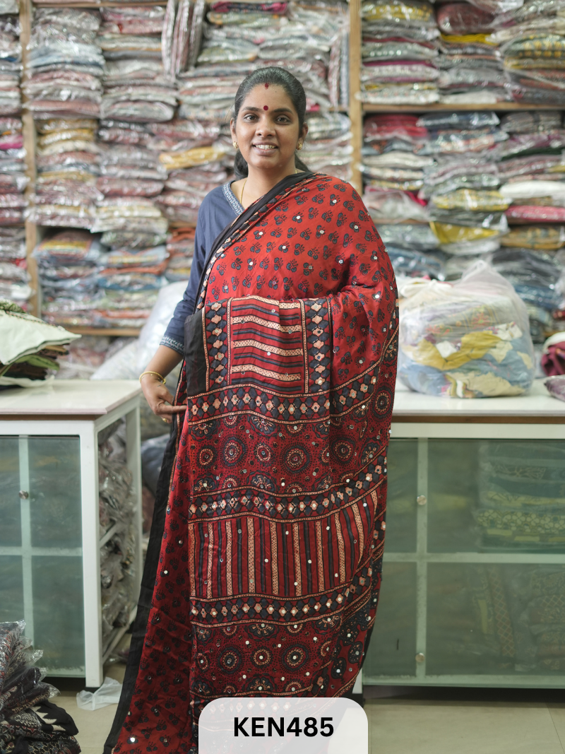 MODAL NATURAL AJRAKH HANDBLOCK SAREE WITH GLUE MIRROR