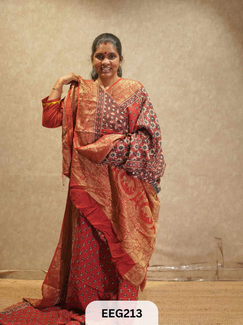 AJRAKH DOLA SILK SAREE WITH MIRROR WORK - IMMEDIATE DISPATCH