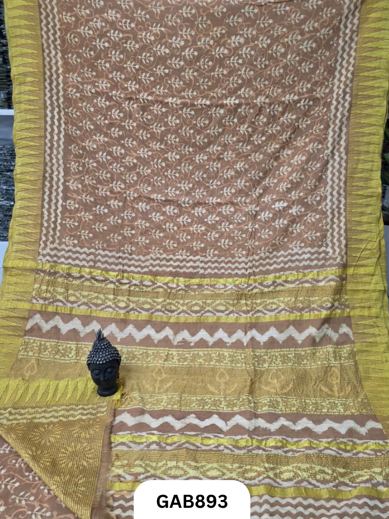 Temple Zari Border Hand Block Printed Katan Cotton Silk Saree With Running Blouse