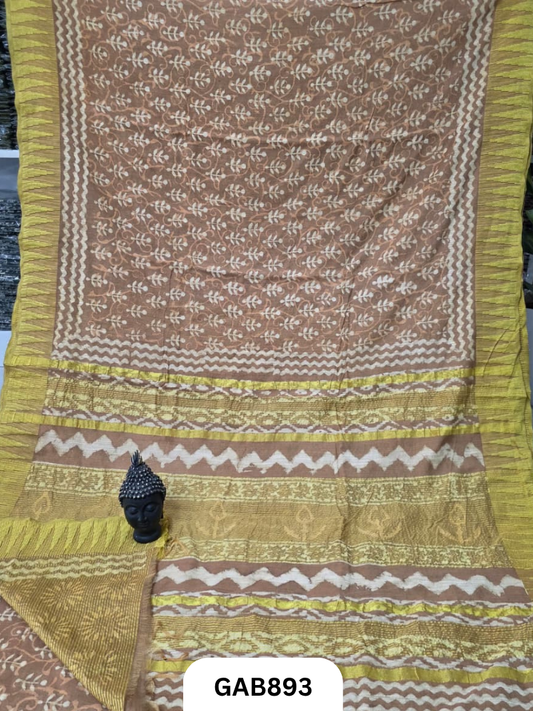 Temple Zari Border Hand Block Printed Katan Cotton Silk Saree With Running Blouse