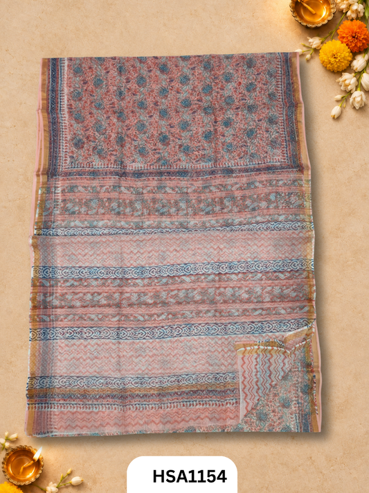 Hand Block Printed Kota Doriya Saree with Blouse