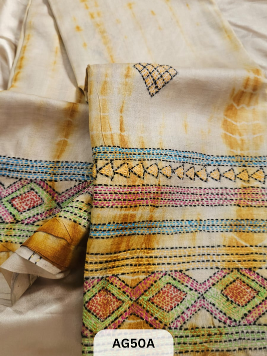 PURE TUSSAR WITH BORDER | WITH BATIK | KALAMKARI SPECIAL HAND PAINT |HAND KANTHA STITCH | SILK MARK