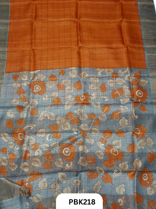 Pure Tussar Silk Saree with Checked design  Plain Body with Kalamkari Design in Pallu