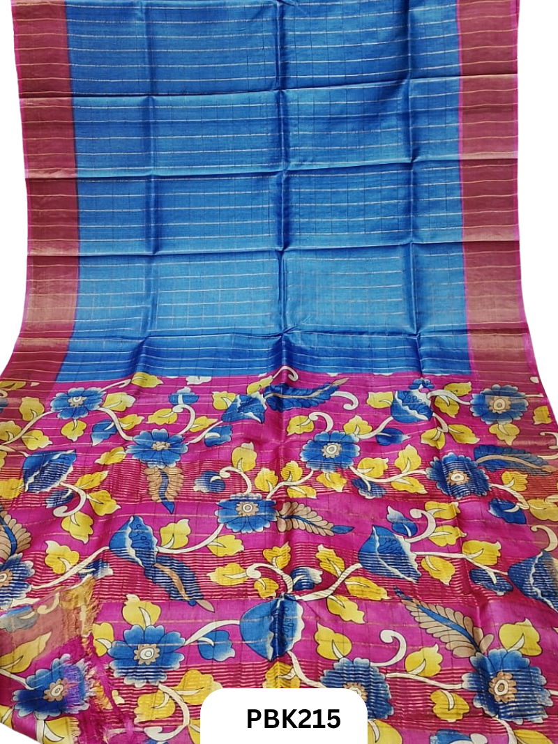 Pure Tussar Silk Saree with Checked design  Plain Body with Kalamkari Design in Pallu