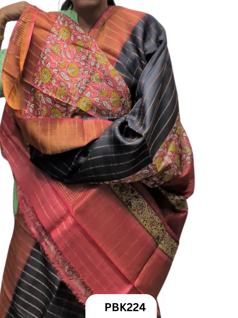 Pure Tussar Silk Saree with Checked design  Plain Body with Kalamkari Design in Pallu