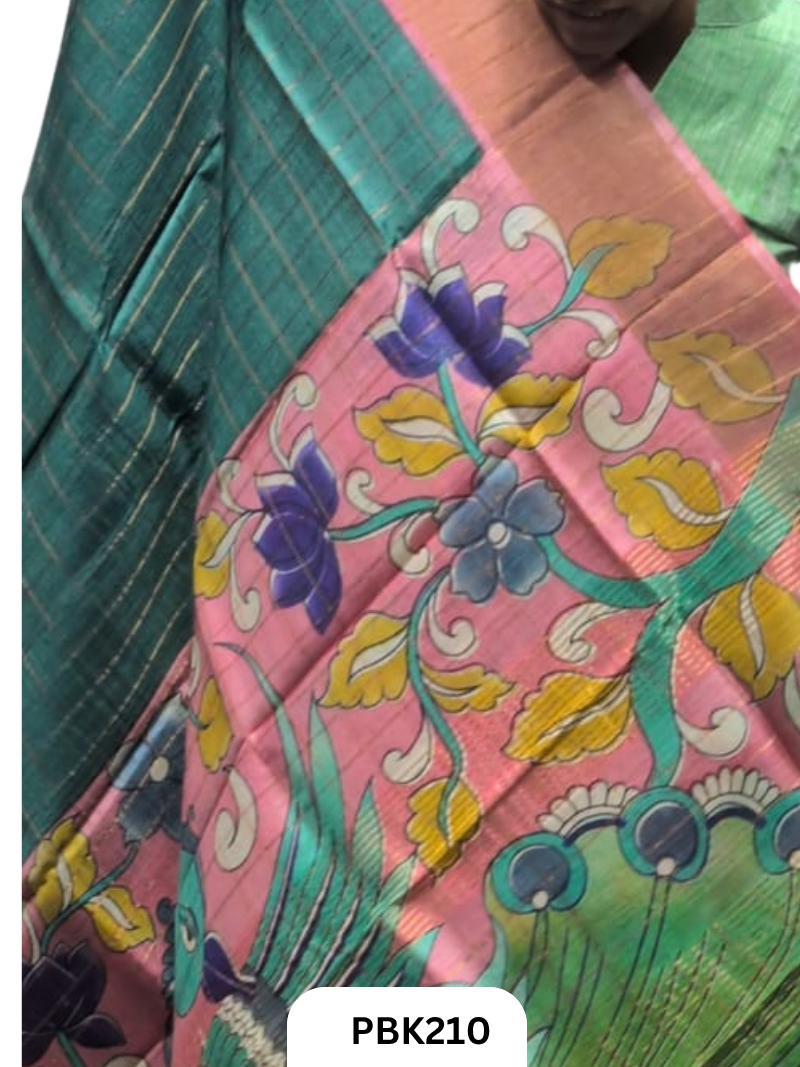 Pure Tussar Silk Saree with Checked design  Plain Body with Kalamkari Design in Pallu