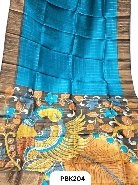 Pure Tussar Silk Saree with Checked design  Plain Body with Kalamkari Design in Pallu