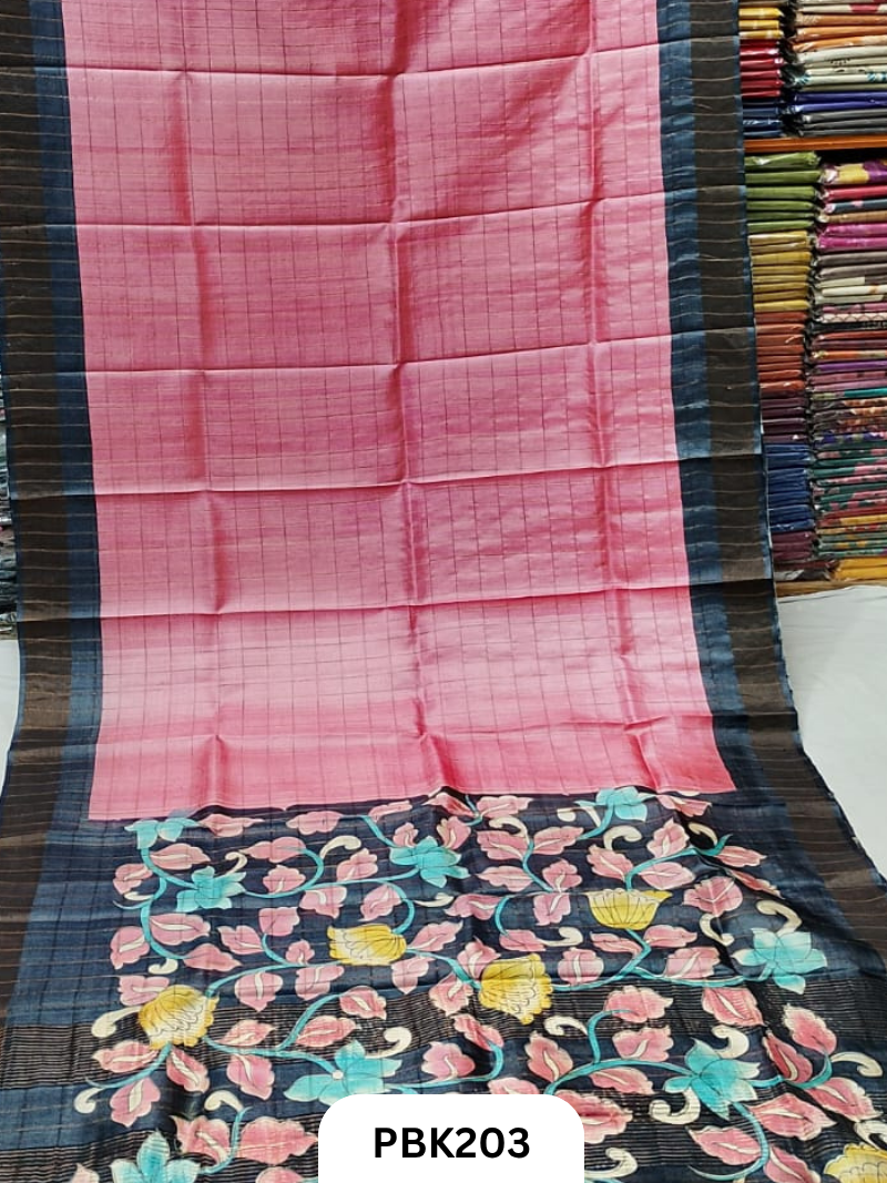 Pure Tussar Silk Saree with Checked design  Plain Body with Kalamkari Design in Pallu