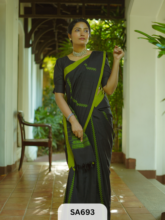 Authentic Handloom Saree | Black with Bold Green Border