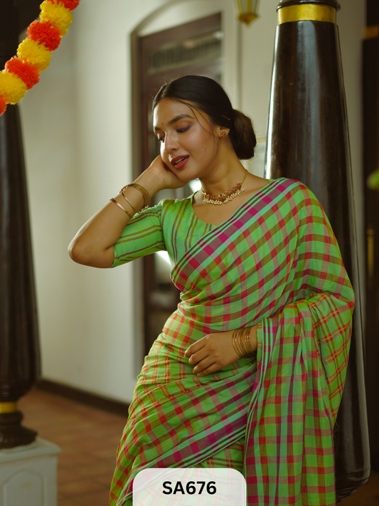 Authentic Handloom Saree |Green checkered saree