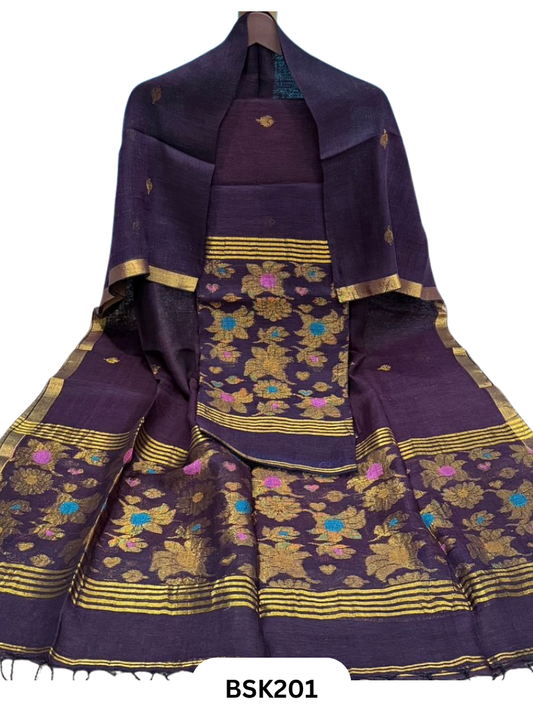 Premium Pure Handloom Linen Silk Salwar Floral Design  Top 2.7 mtr  | Duppata 2.5 mtr