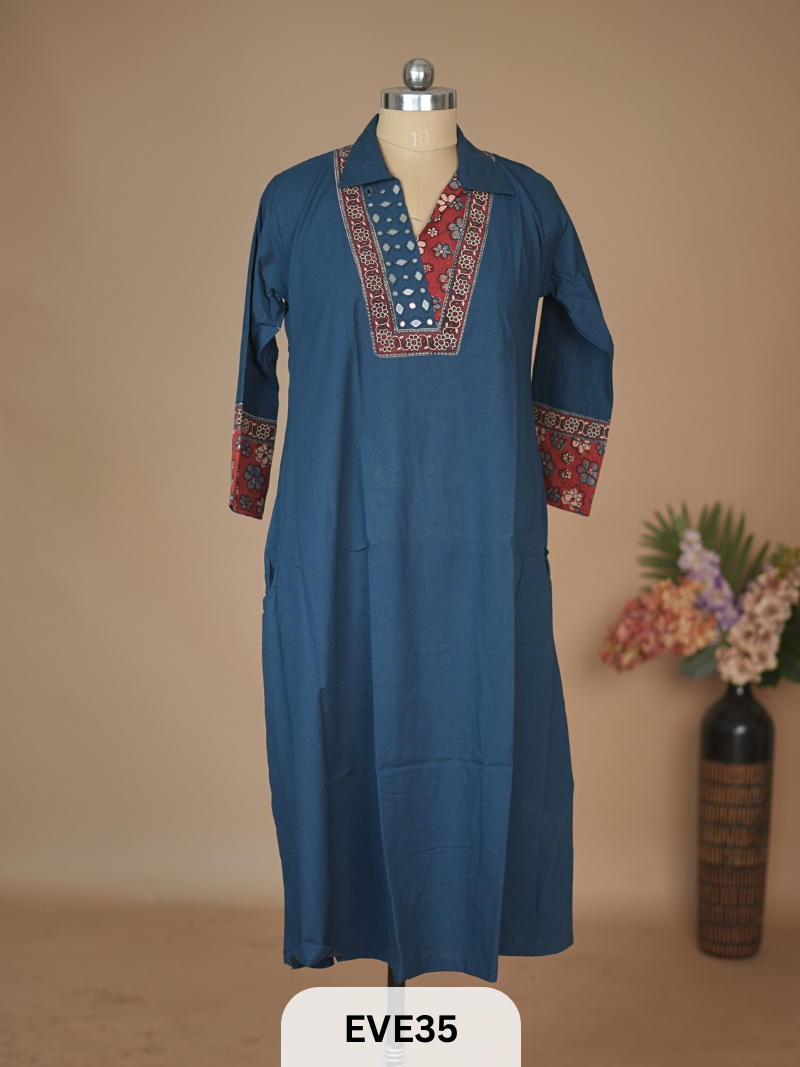 COTTON AJARKH ETHNIC MIRRORWORK KURTI