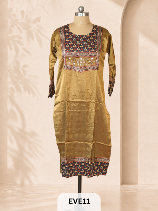 MASHRU KURTI WITH MIRROR WORK AND AJRAKH PRINT