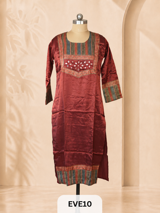 MASHRU KURTI WITH MIRROR WORK AND AJRAKH PRINT
