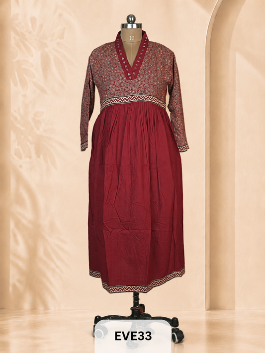 AJARKH COTTON ANARKALI MIRROR WORK KURTI