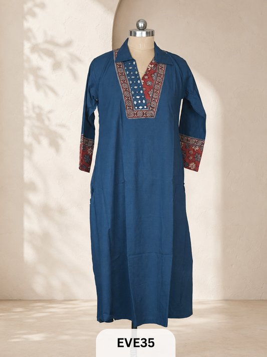 COTTON AJARKH ETHNIC MIRRORWORK KURTI