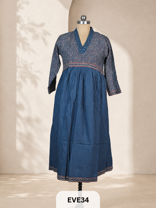 AJARKH COTTON ANARKALI MIRROR WORK KURTI