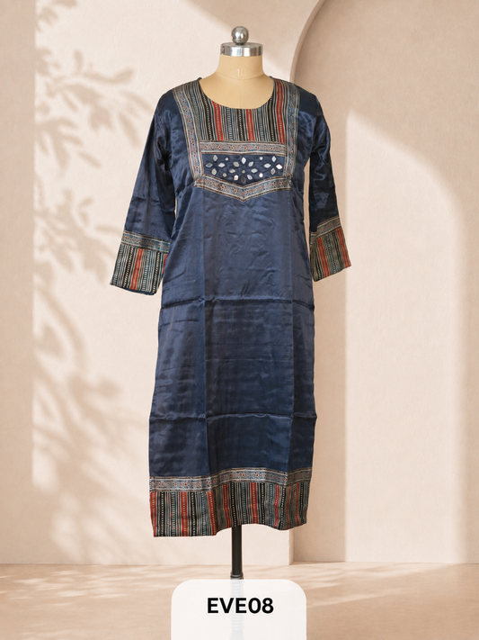 MASHRU KURTI WITH MIRROR WORK AND AJRAKH PRINT