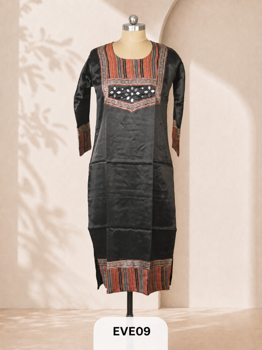 MASHRU KURTI WITH MIRROR WORK AND AJRAKH PRINT