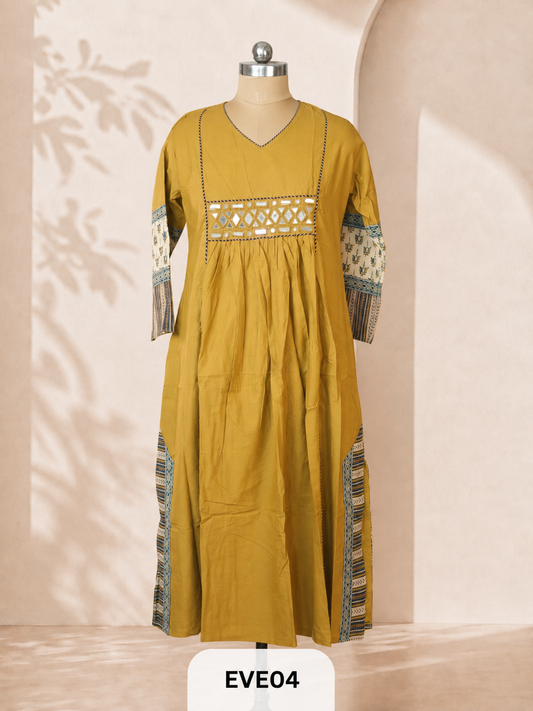 PLAIN COTTON KURTI WITH MIRROR WORK AND AJRAKH PRINT