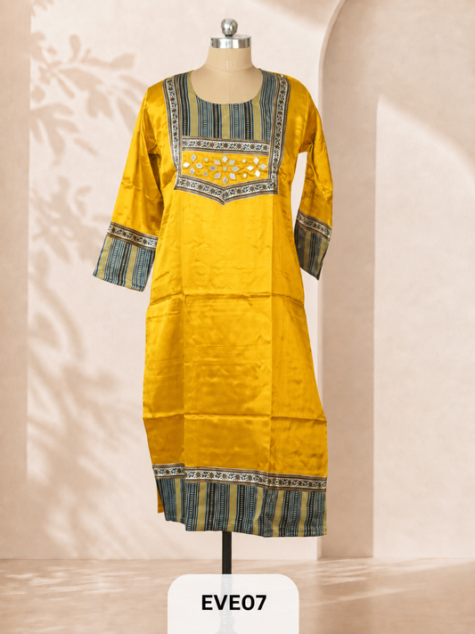 MASHRU KURTI WITH MIRROR WORK AND AJRAKH PRINT