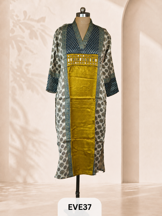 MASHRU SILK AJRAKH HAND MIRROR WORK