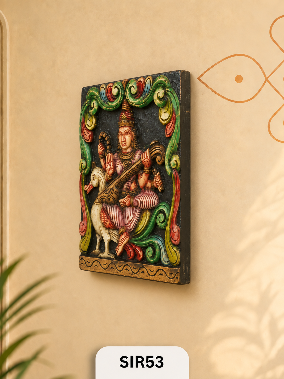 WOODEN GODDESS SARASWATHI STATUE - Height 12" INCH, WIDTH 12"INCH