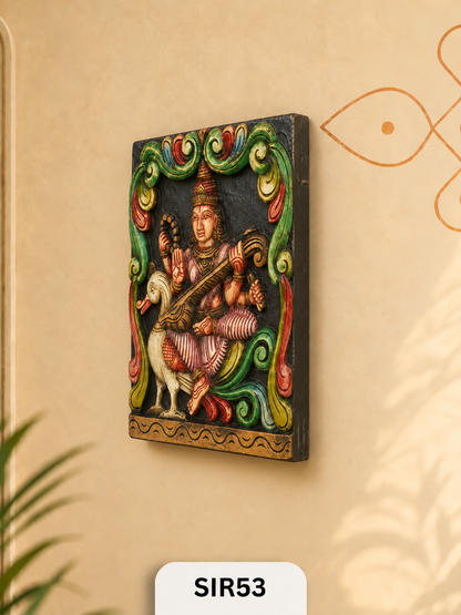 WOODEN GODDESS SARASWATHI STATUE - Height 12" INCH, WIDTH 12"INCH
