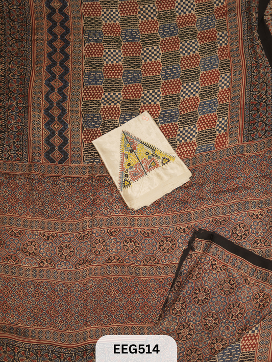 AJRAKH MODAL SAREE WITH KUTCHI HANDWORK BLOUSE PIECE EXTRA