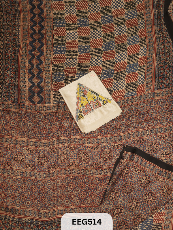 AJRAKH MODAL SAREE WITH KUTCHI HANDWORK BLOUSE PIECE EXTRA